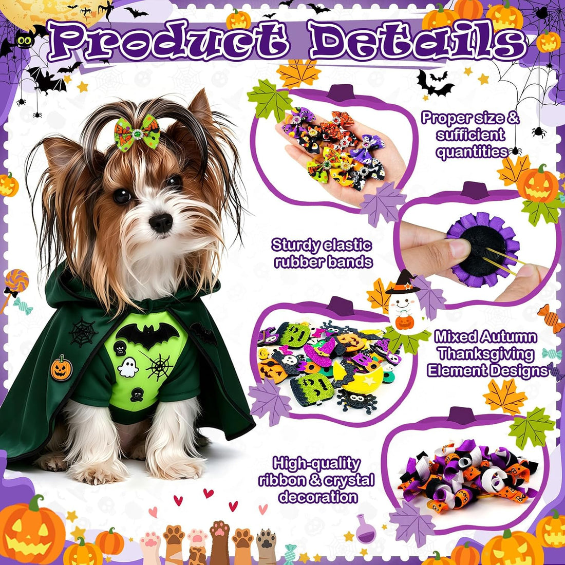 SUMMORO 68Pcs/34Pairs Halloween Dog Hair Bows with Rubber Bands