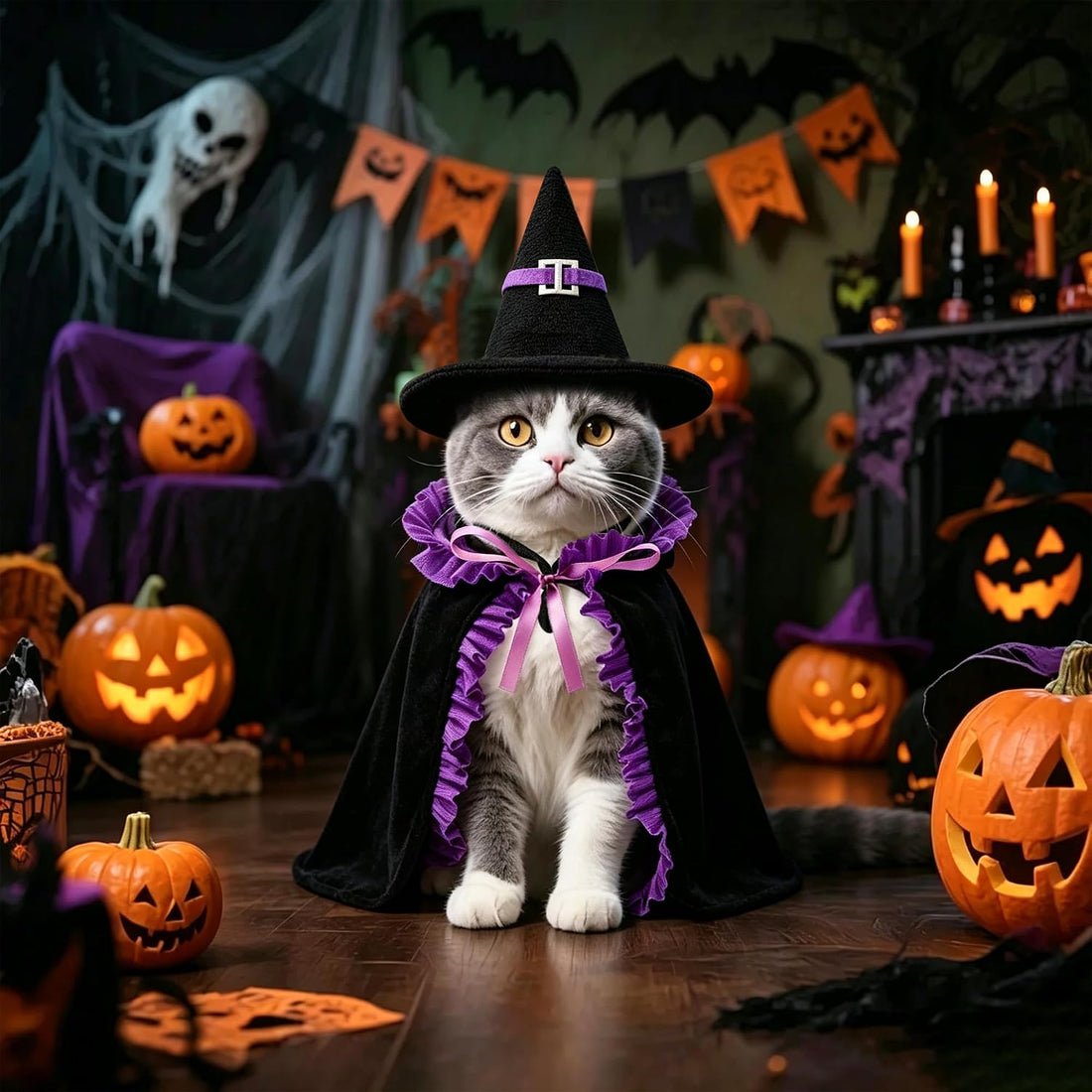 Halloween Cat Witch Costume Set Cute Pet Witch Hat Cape Accessories
