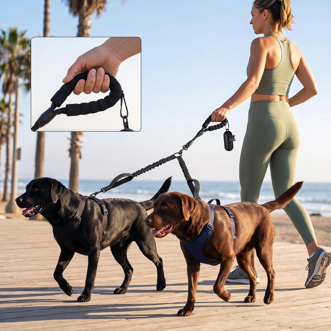 Double Dog Leash, Reflective Shock Absorbing Bungee for 2 Dogs