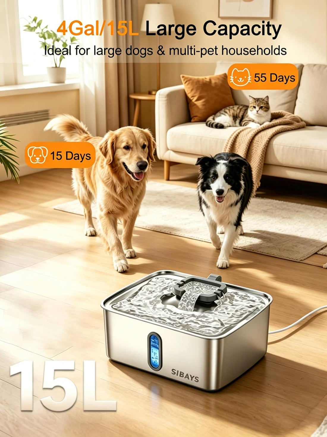SIBAYS 4Gal/15L Dog Water Fountain for Large Dogs
