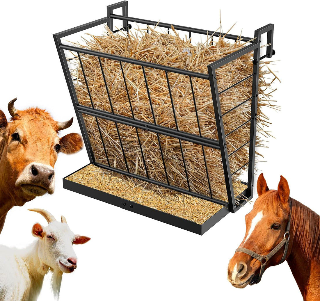 2-in-1 Wall Mount Hay Feeder, Black Grain Rack for Goats, Horses