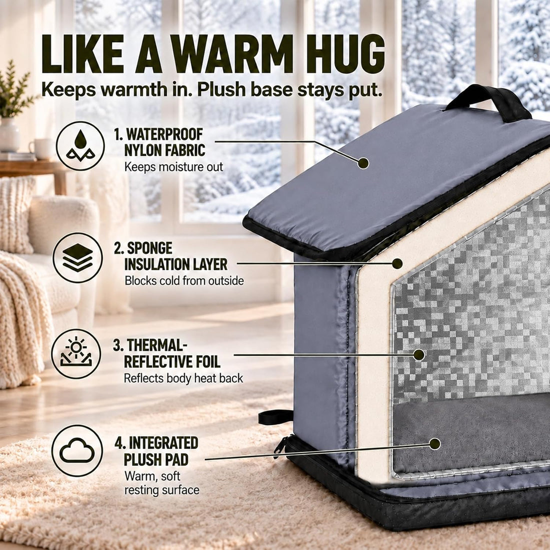 Insulated Outdoor Cat House，Thick Sponge Base Against Cold Ground