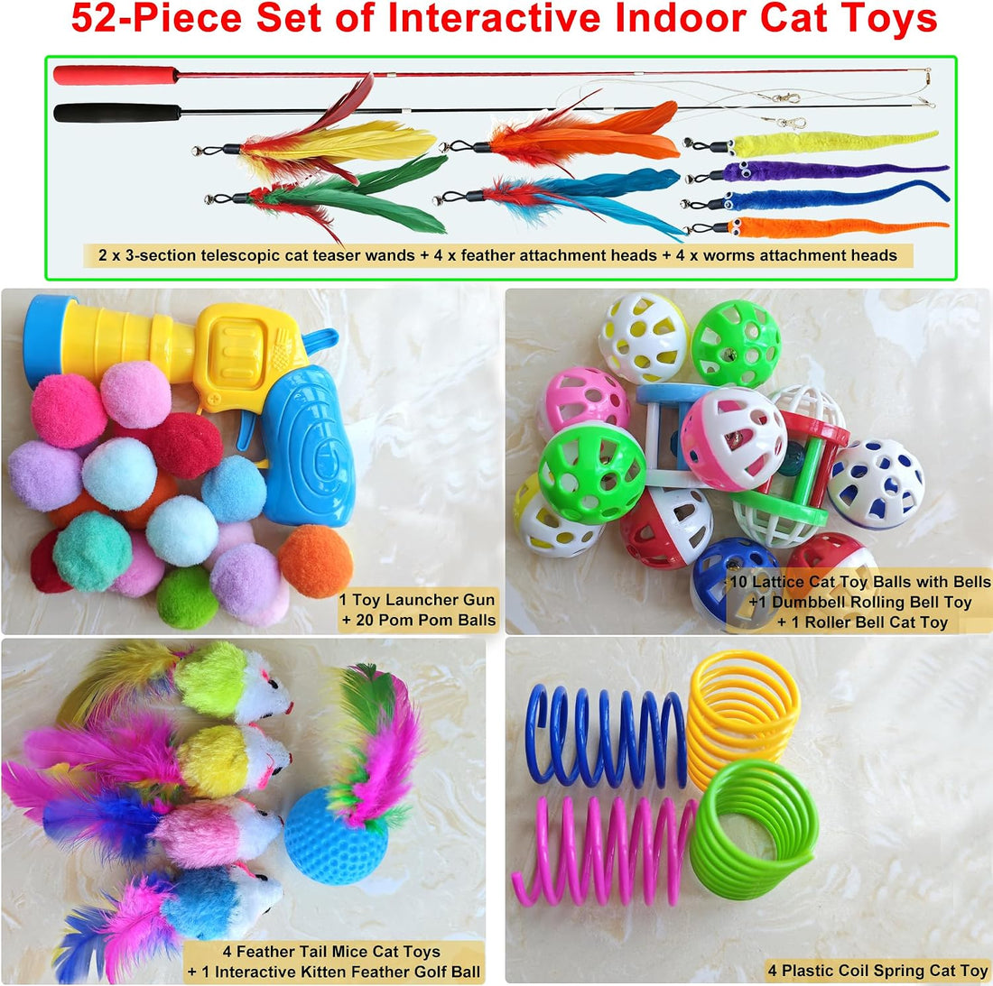 52 Pack Interactive Cat Toys Variety Set for Indoor Cats