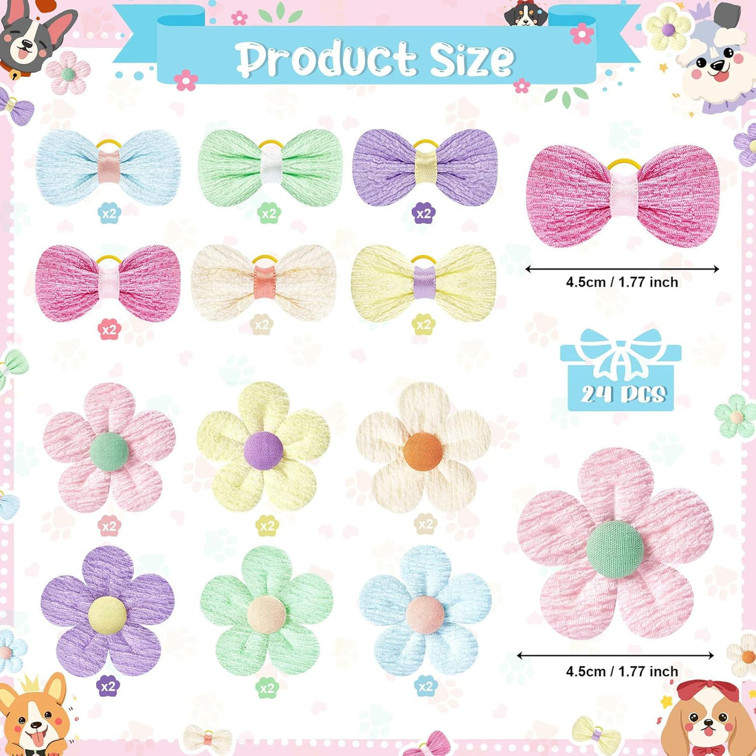SUMMORO 24Pcs Cute Flower Dog Hair Bows with Rubber Bands Handmade