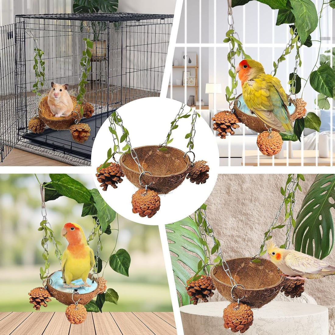 PINVNBY Natural Coconut Shell Bird Nest Suspended Parakeet Nest Bird