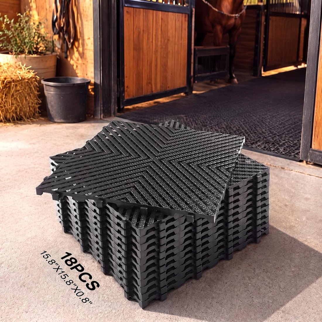 18 Pcs Horse Stall Mats 4 x 8 ft Plastic Stable Mat Interlocking