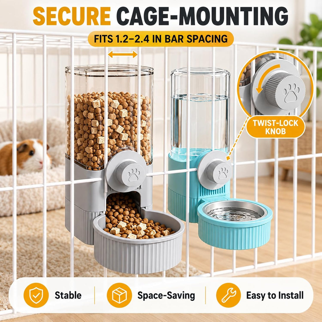 Automatic Rabbit Feeder and Water Dispenser, Cage-Mounted Gravity