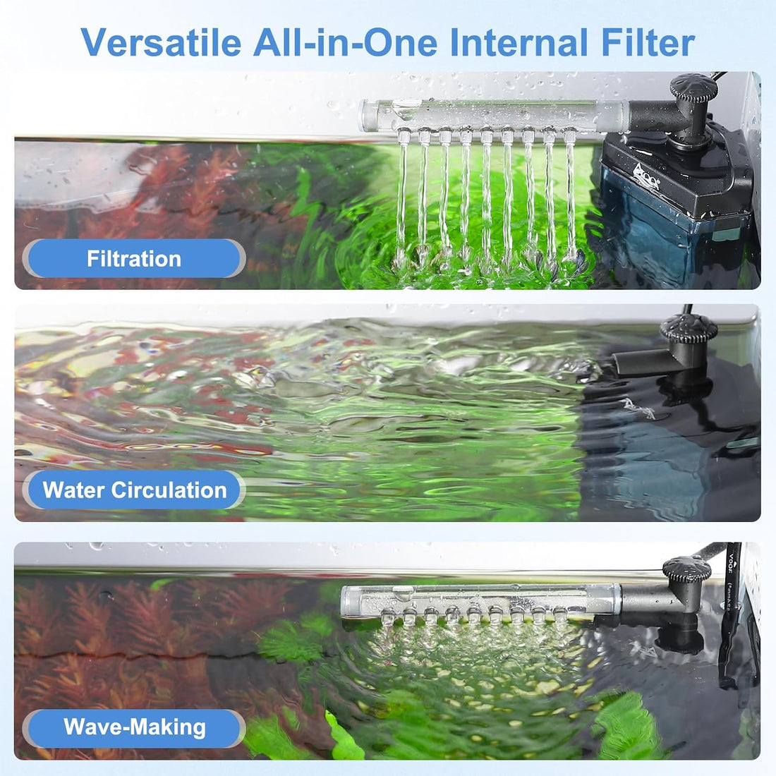AQQA Internal Aquarium Filter for 2-10 Gallon Tank, Adjustable Flow