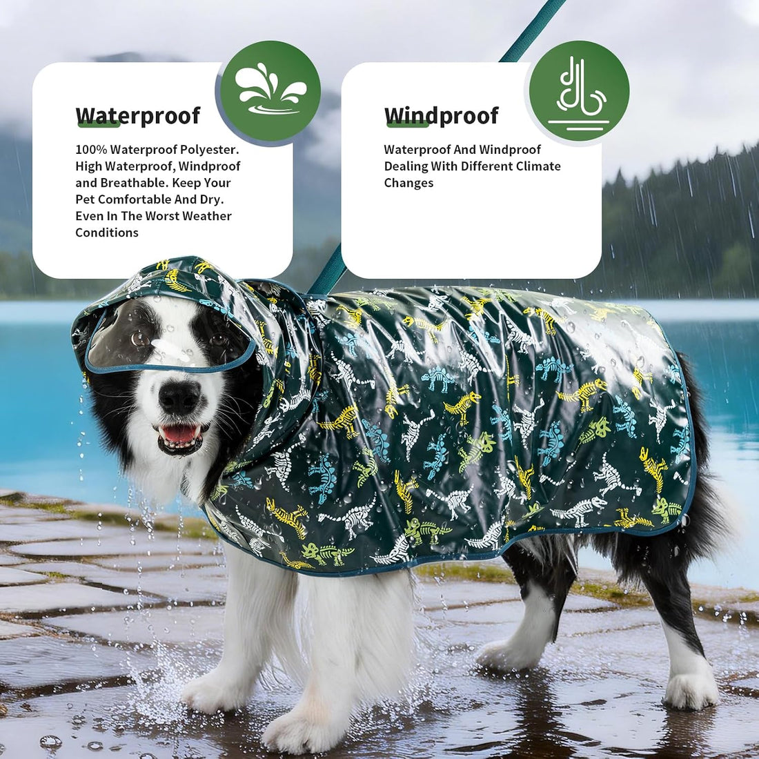 ExploreU Dog Raincoat, Waterproof Windproof Dog Rain Jacket with Hood