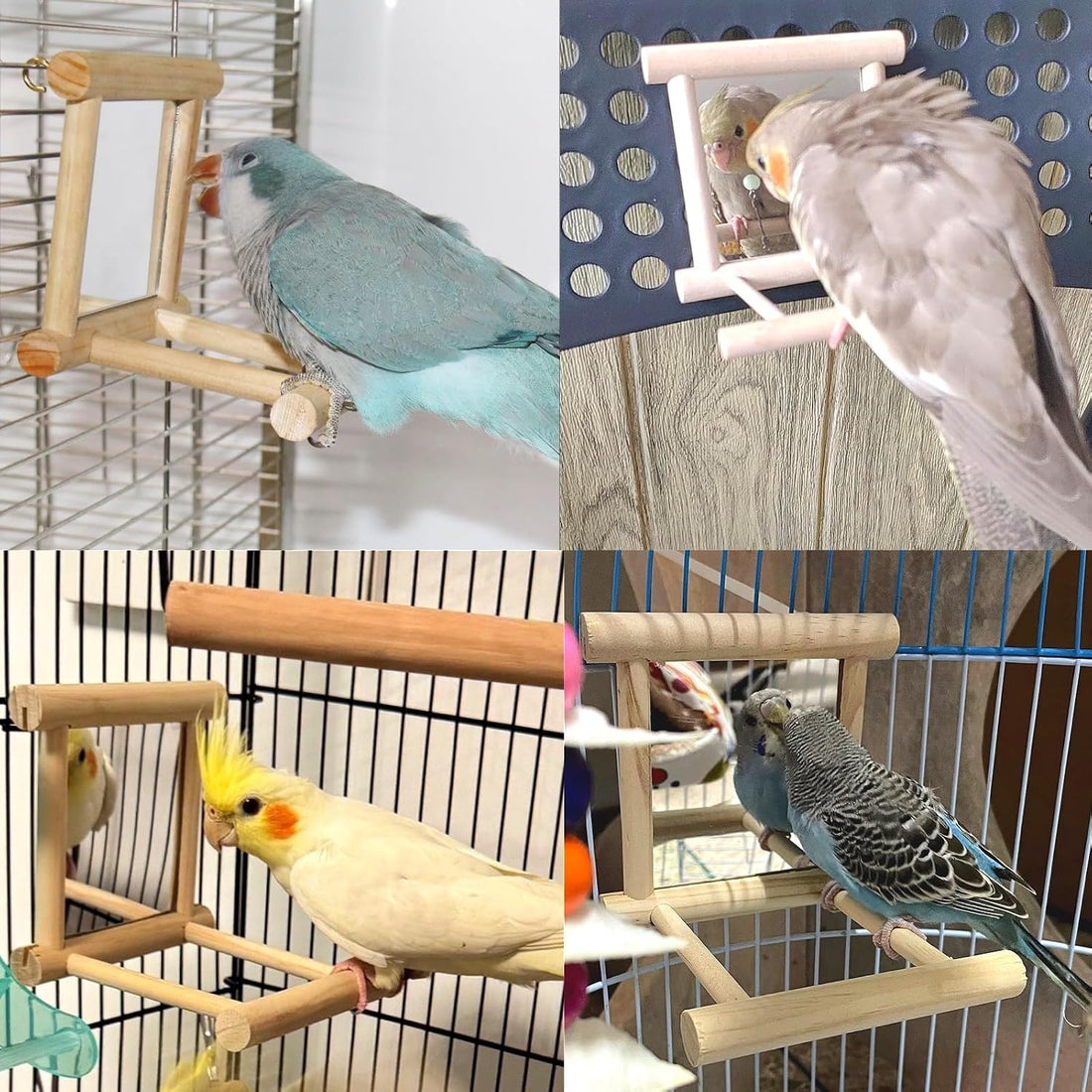 Hamiledyi Bird Mirror Parakeet Mirror Perch Stand Wooden Swing Mirror