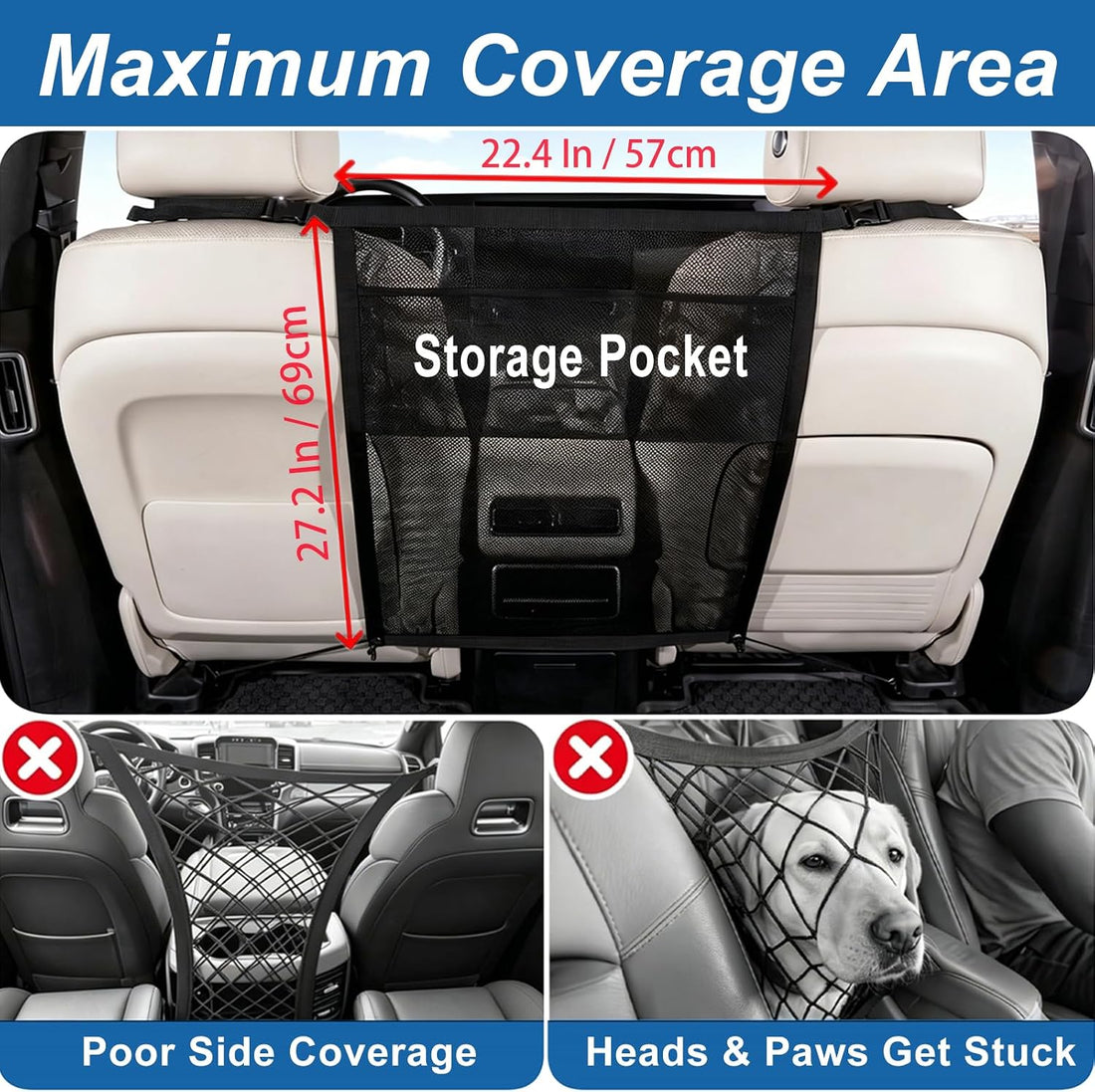 Dog Car Barrier for Backseat Safety with Mesh Storage Pocket