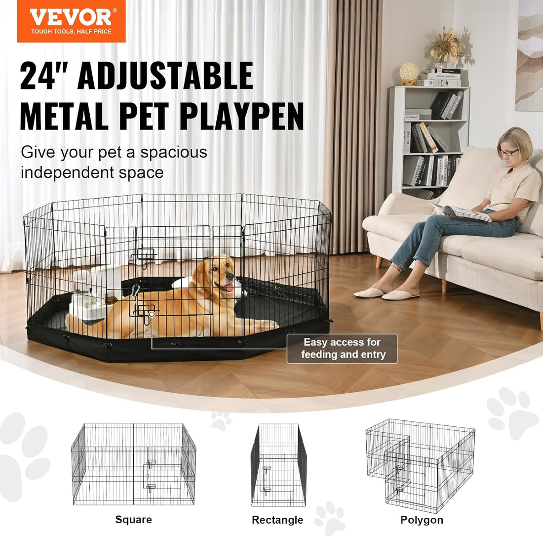 VEVOR 24" Dog Playpen, 8-Panel Foldable Metal Pet Pen with Top Cover