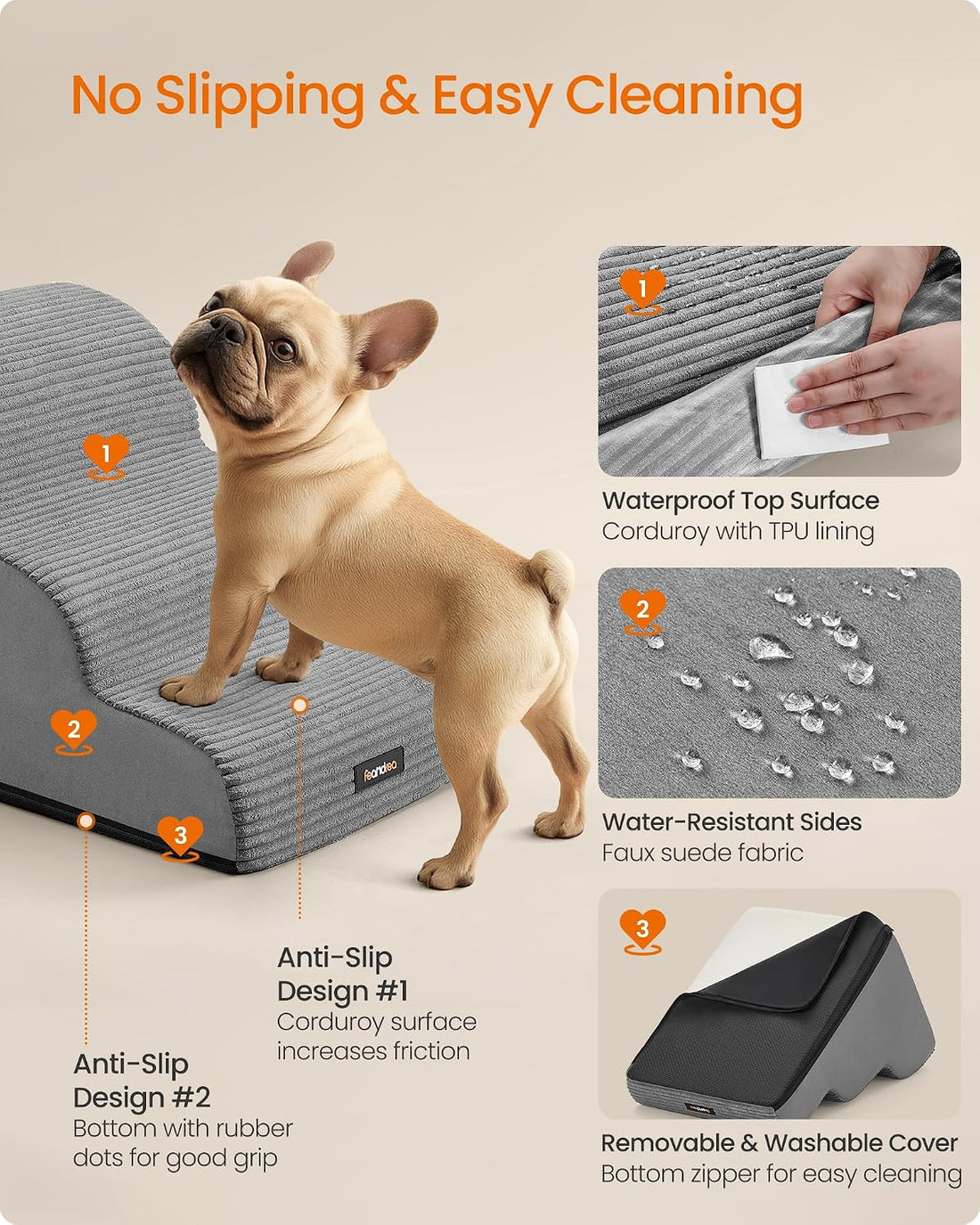 Feandrea 3-Step Dog Stairs, Dog Steps for Bed, Sofa