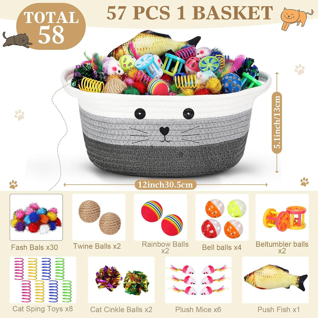 Zopeal 58 Pcs Cat Toy Set with Storage Basket Indoor