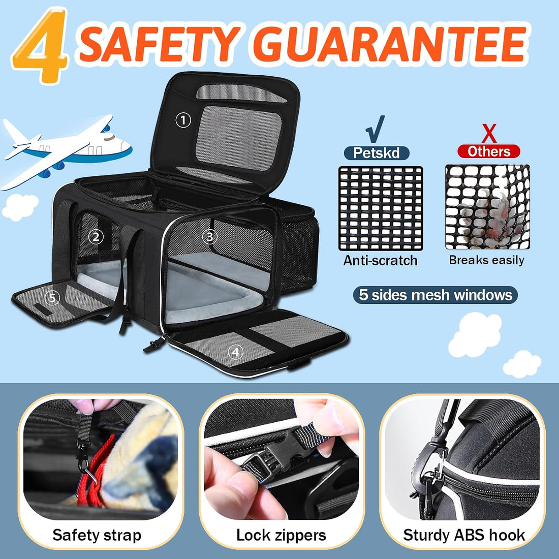 Petskd Top and Side Expandable Small Pet Carrier Airline Approved