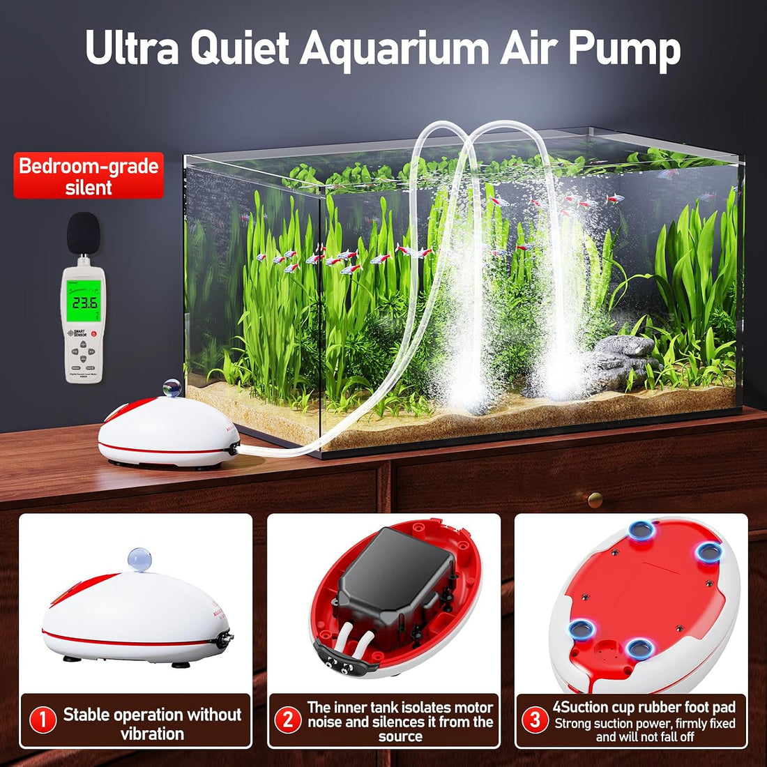 AQUASMITH No-Hum Whisper-Quiet Aquarium Air Pump,＜25dB Adjustable