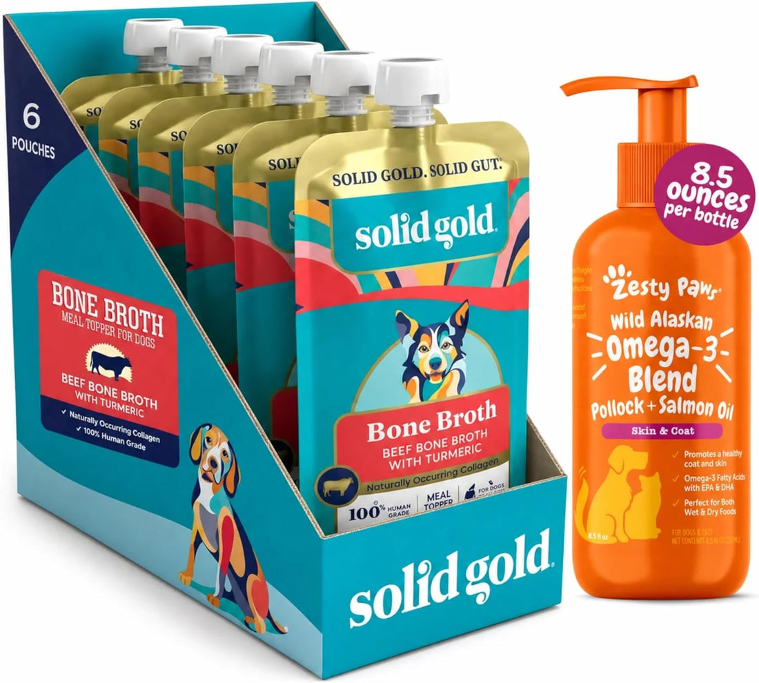 Zesty Paws Salmon Oil for Dogs 8.5oz + Beef Bone Broth 8oz/6ct Bundle