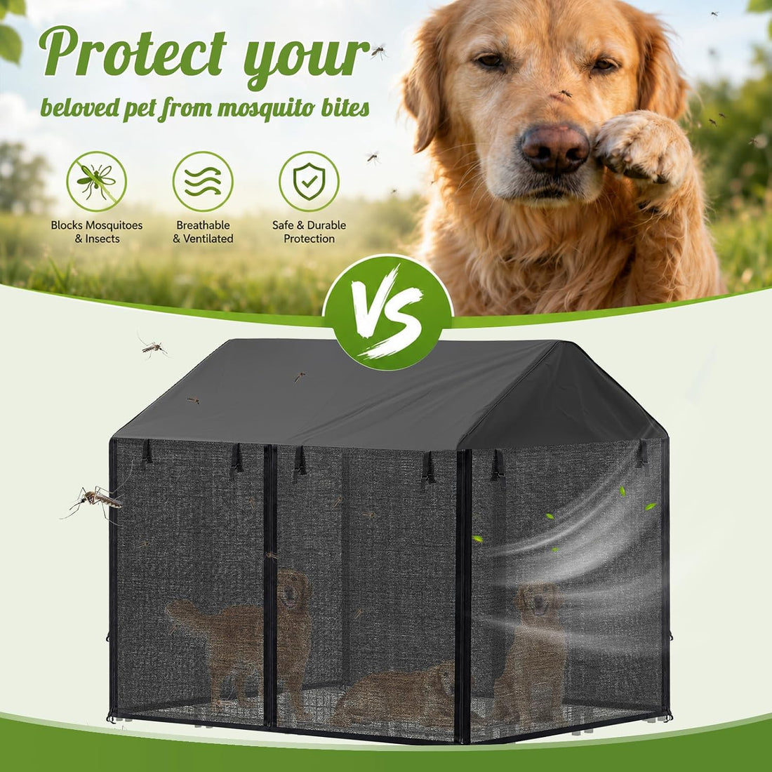 Outdoor Dog Kennel Cover with Full Coverage Mosquito Net for 8'd x