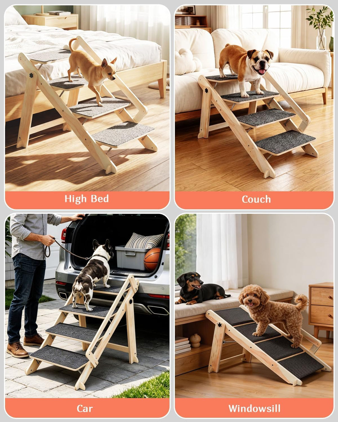 Woodure Foldable Dog Stairs, Convertible 4-Step Wooden Dog Ramp