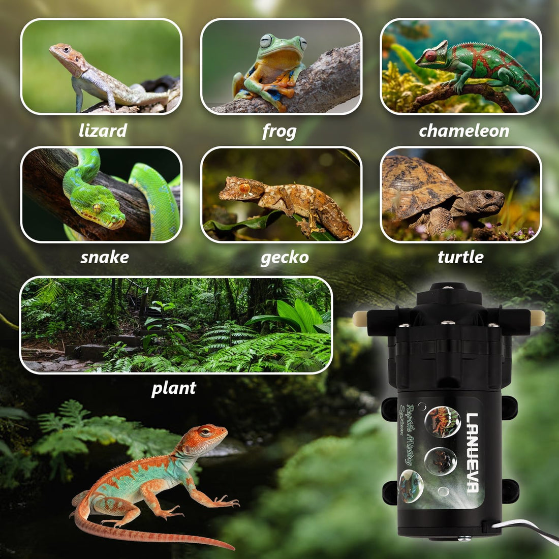 LANUEVA Reptile Humidifier Quieter Mister with 6 Nozzles (with Timer)