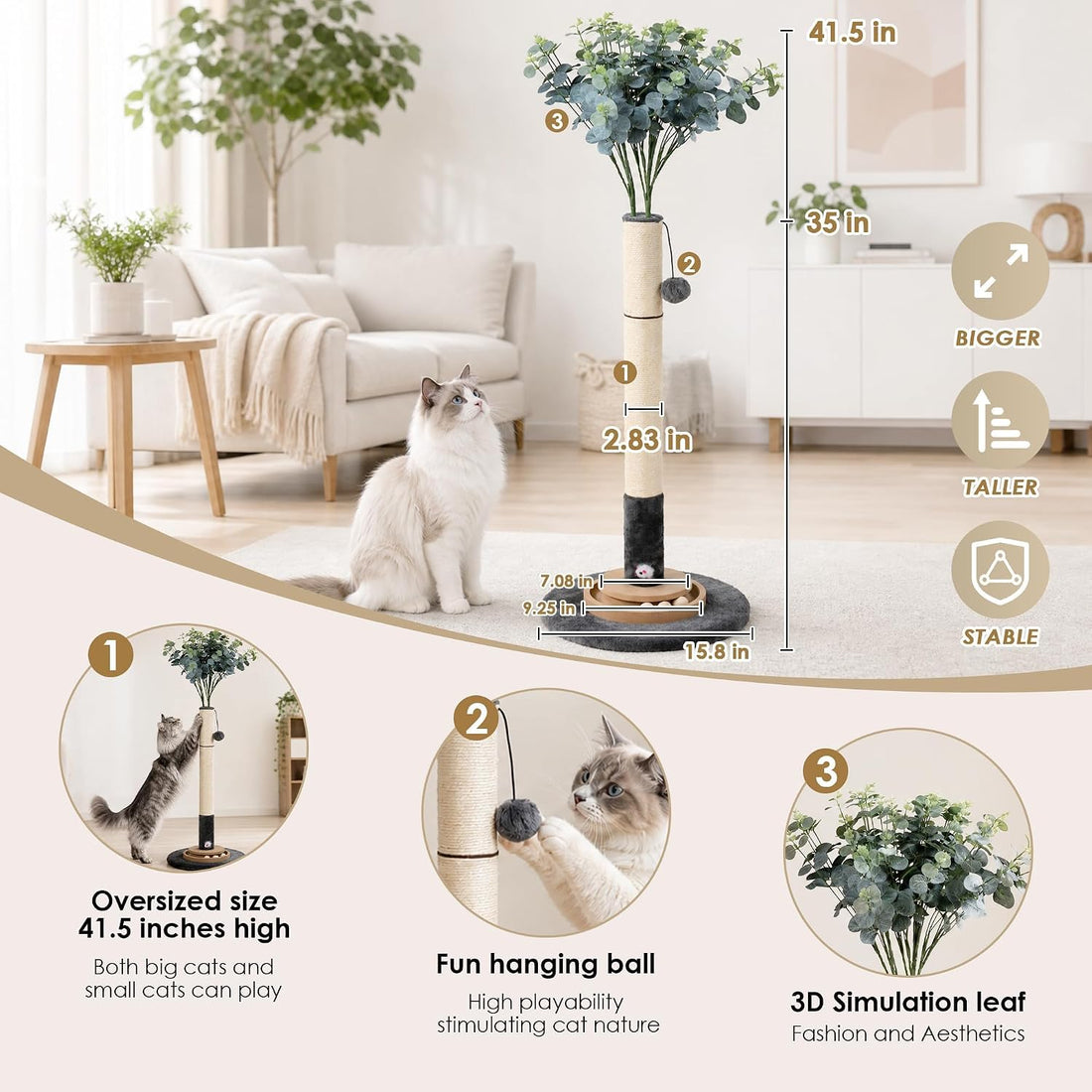 47" Cat Scratching Post, Nature Sisal Rope Cat Scratcher Tree