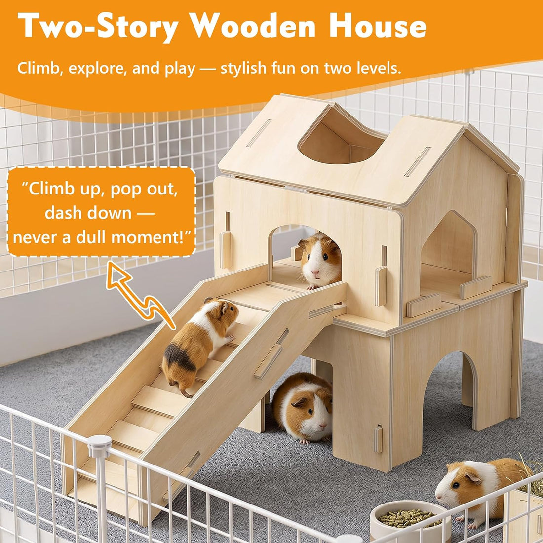 XiaZ Guinea Pig Hideout, Large Wooden Guinea Pig Castle with Stair
