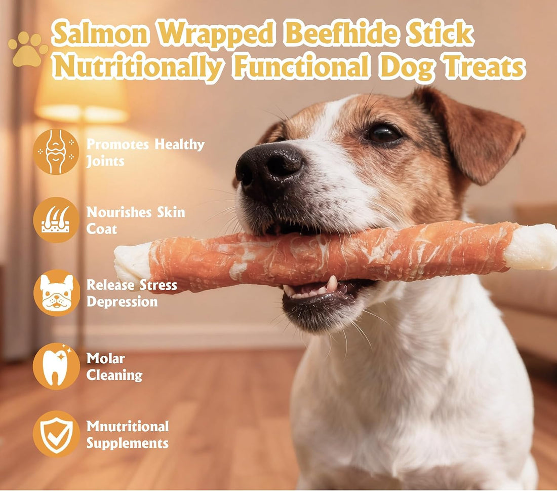 9 in Salmon Wrapped Rawhide Rolls, 160g, Long Lasting Chews for Dog