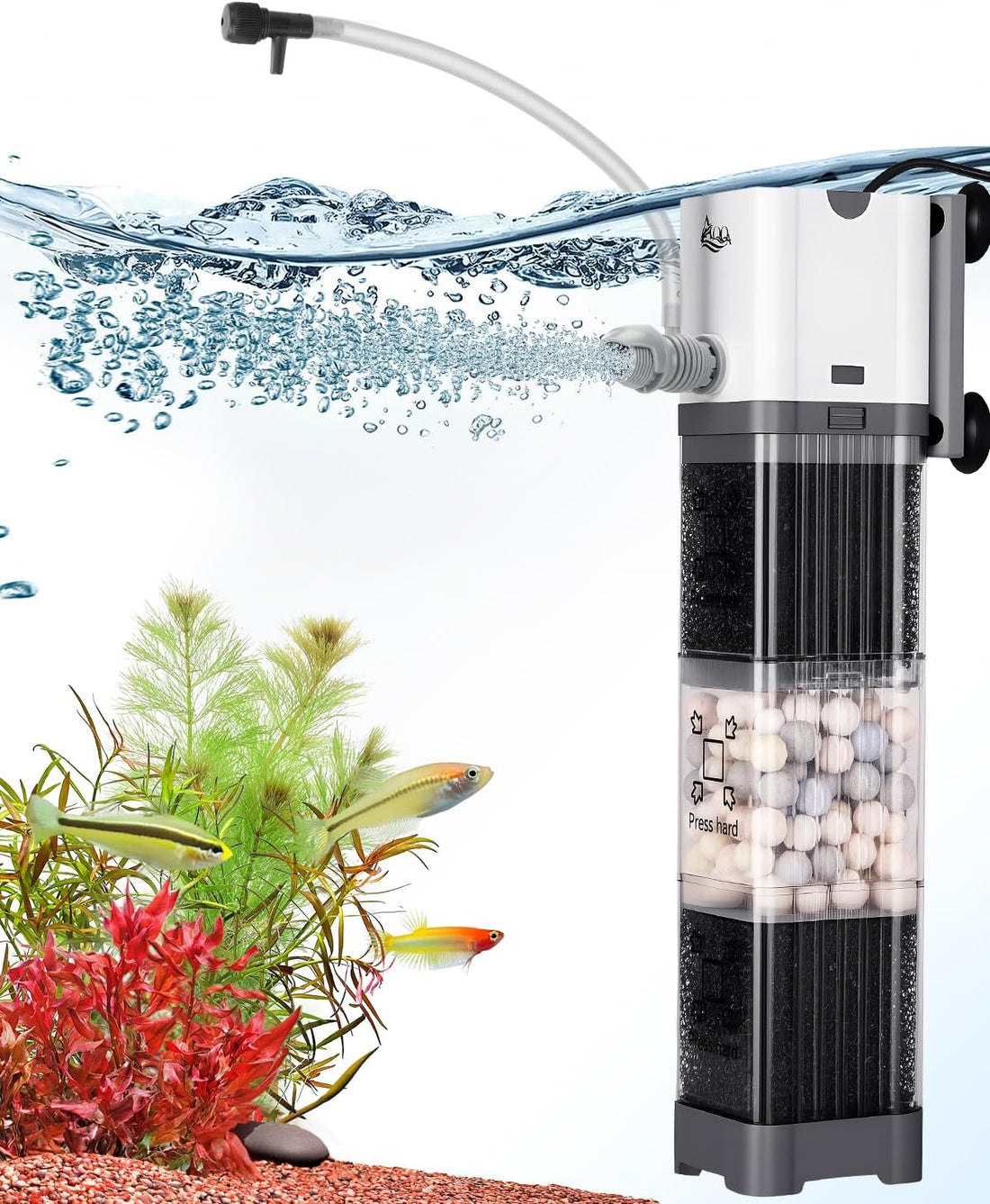 AQQA Submersible Aquarium Filter, Adjustable Flow with Aeration System