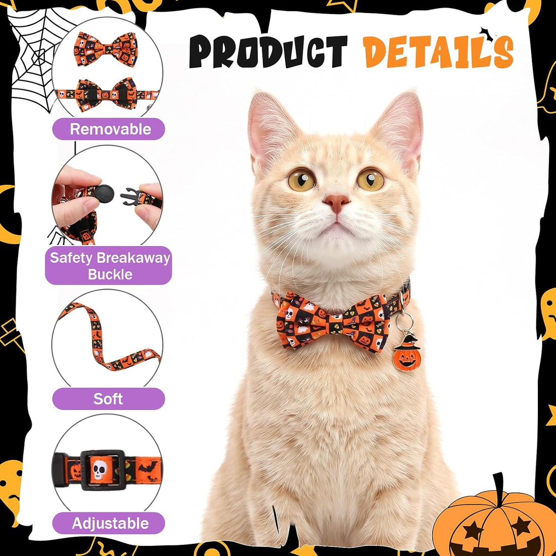 2 Pack Halloween Cat Harness and Leash Breakaway Cat Collars with Bow