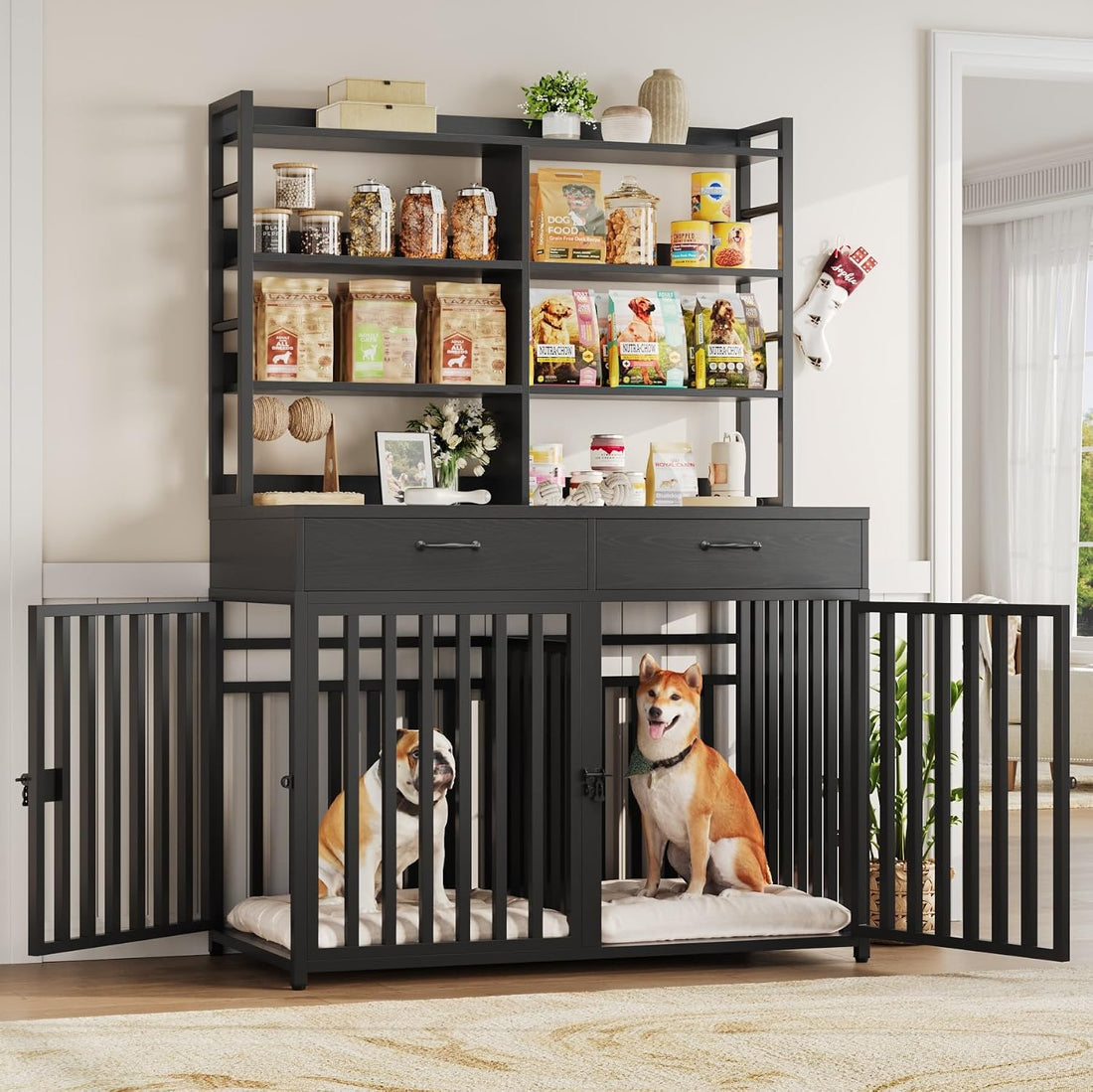 Keyluv 71''H x 47.2''W Large Dog Crate Furniture with 4-Tier Shelves