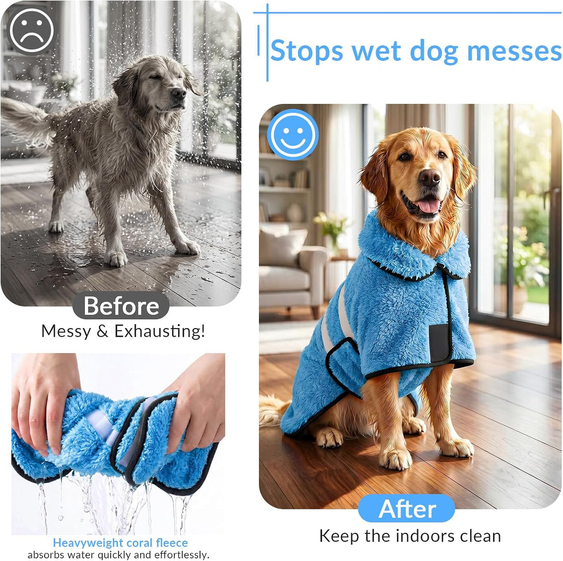 Dog Bathrobe, Super Absorbent for Small to Large Dogs, Light Blue L