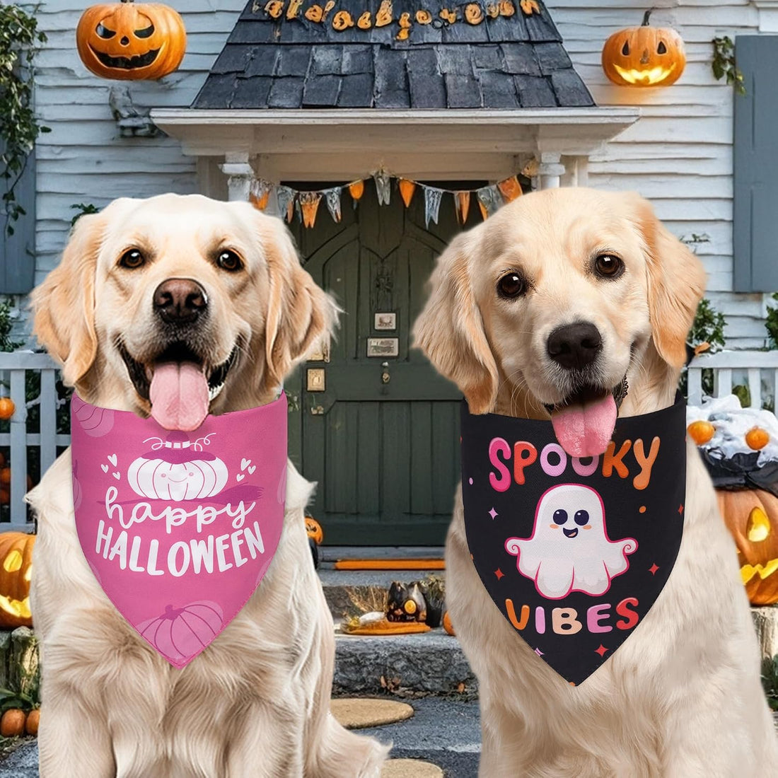 Halloween Dog Bandanas Pink Black XLarge 2PCS, Scarf for Boy or Girl