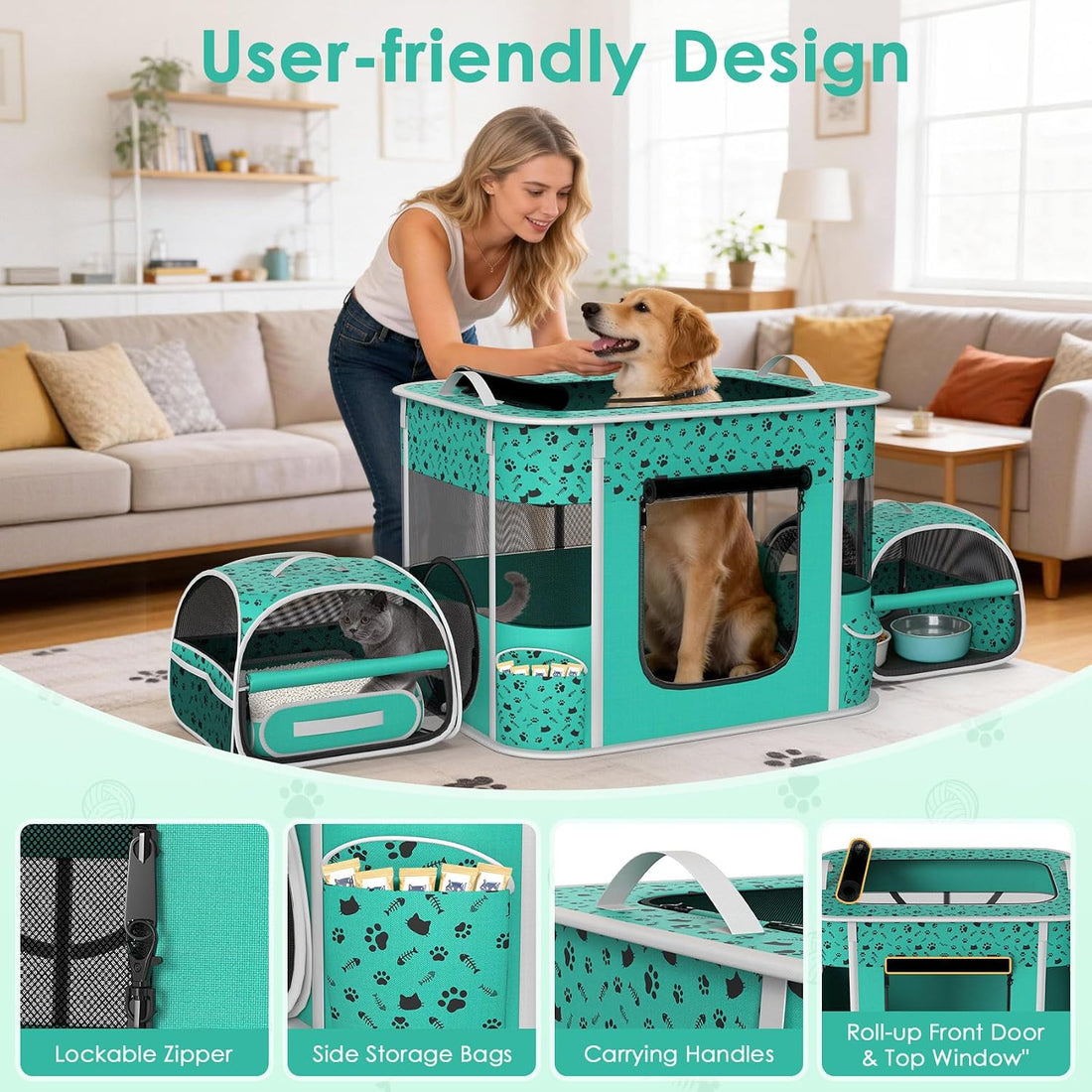Portable Cat Playpen with Litter Box 3-Room, Soft Pet Cage Crates
