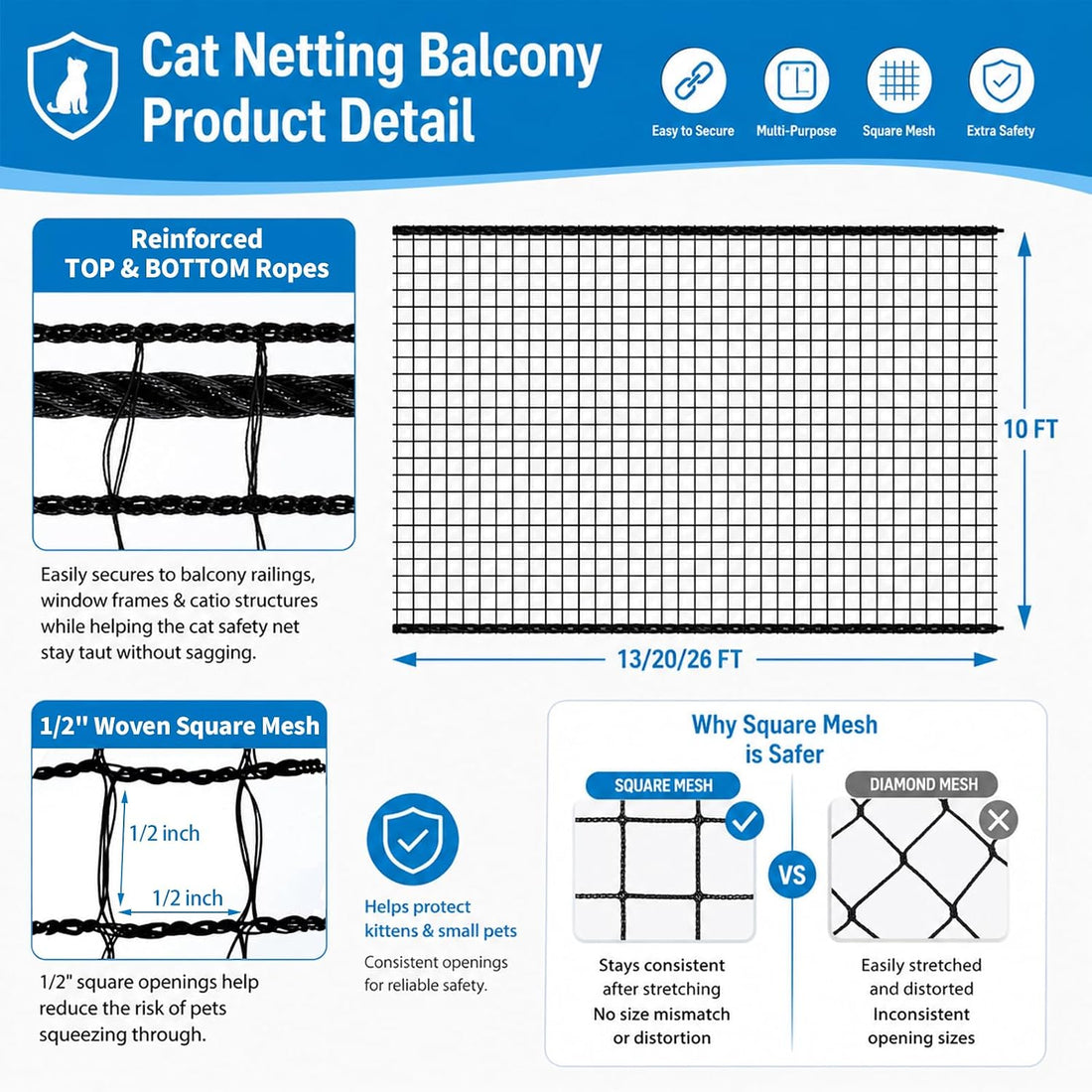 10X26FT Cat Netting Balcony Protection, Anti-Fall Safety Net for Pets