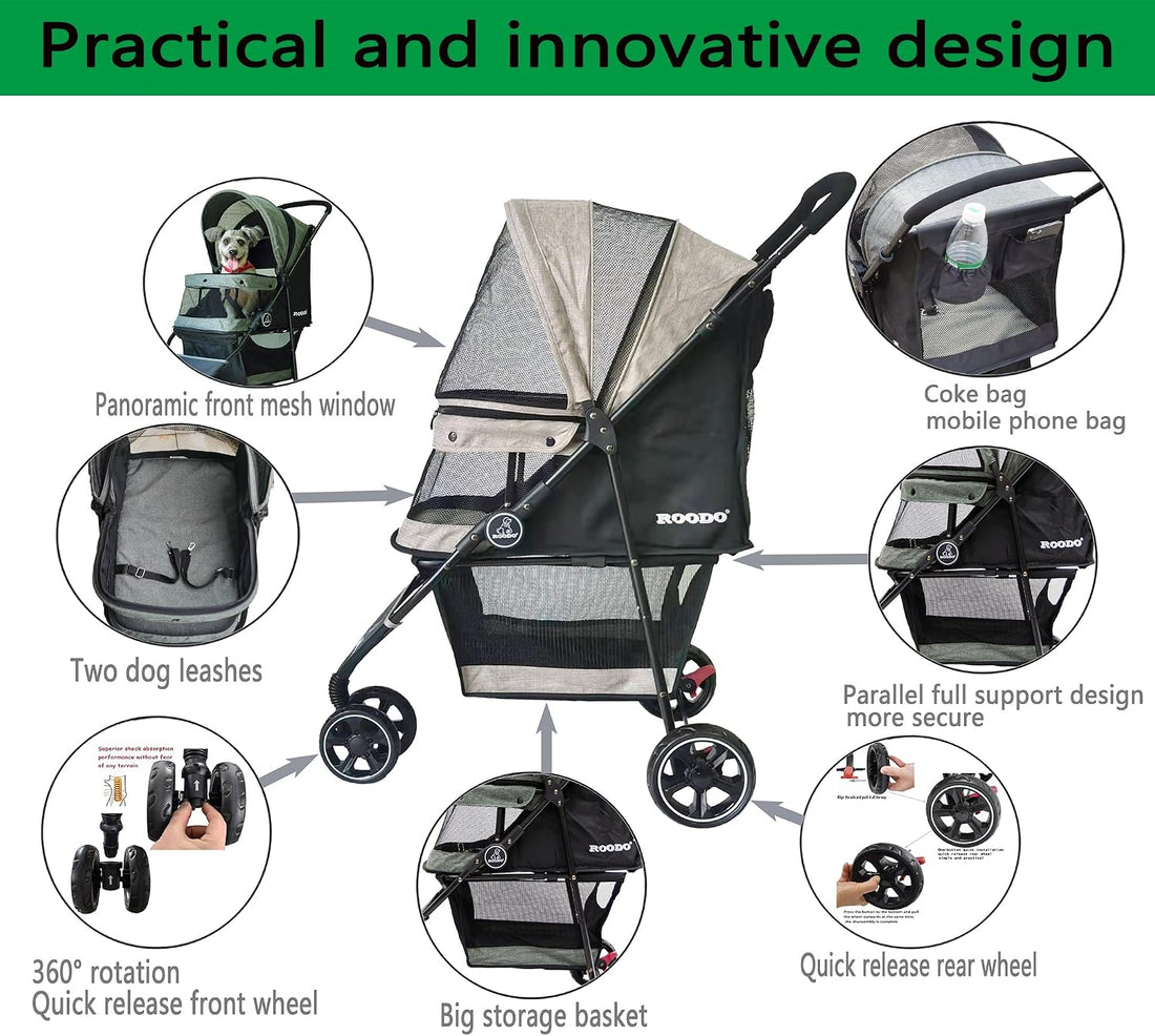 ROODO 3 Wheel Dog Pet Cat Stroller Best Lightweight Foldable Compact
