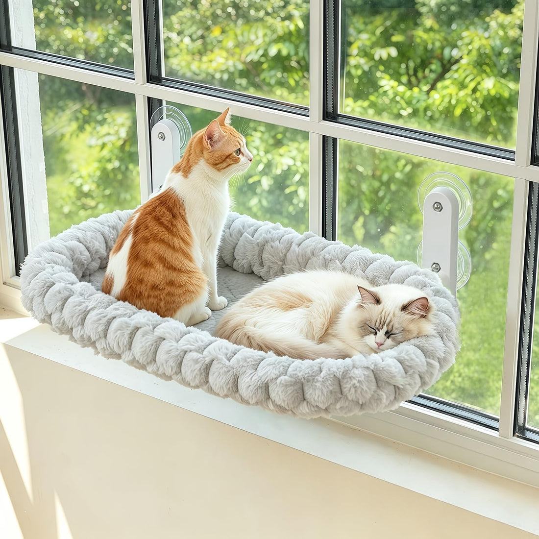 AMOSIJOY Cordless Cat Window Perch with Cushion Bed Metal Frame