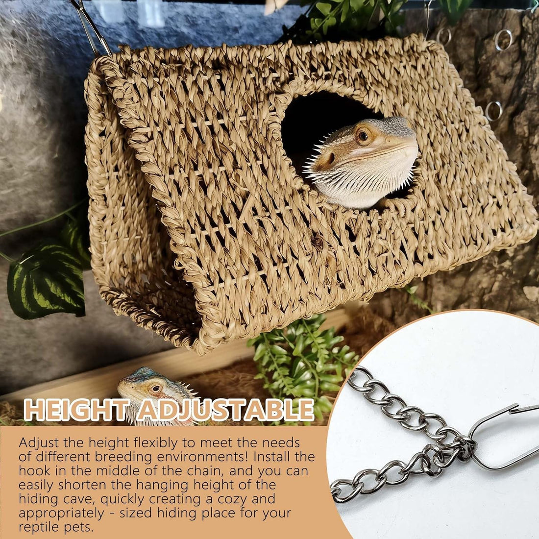 Hanging Reptile Hide Cave,Natural Seagrass Bearded Dragon Hammock