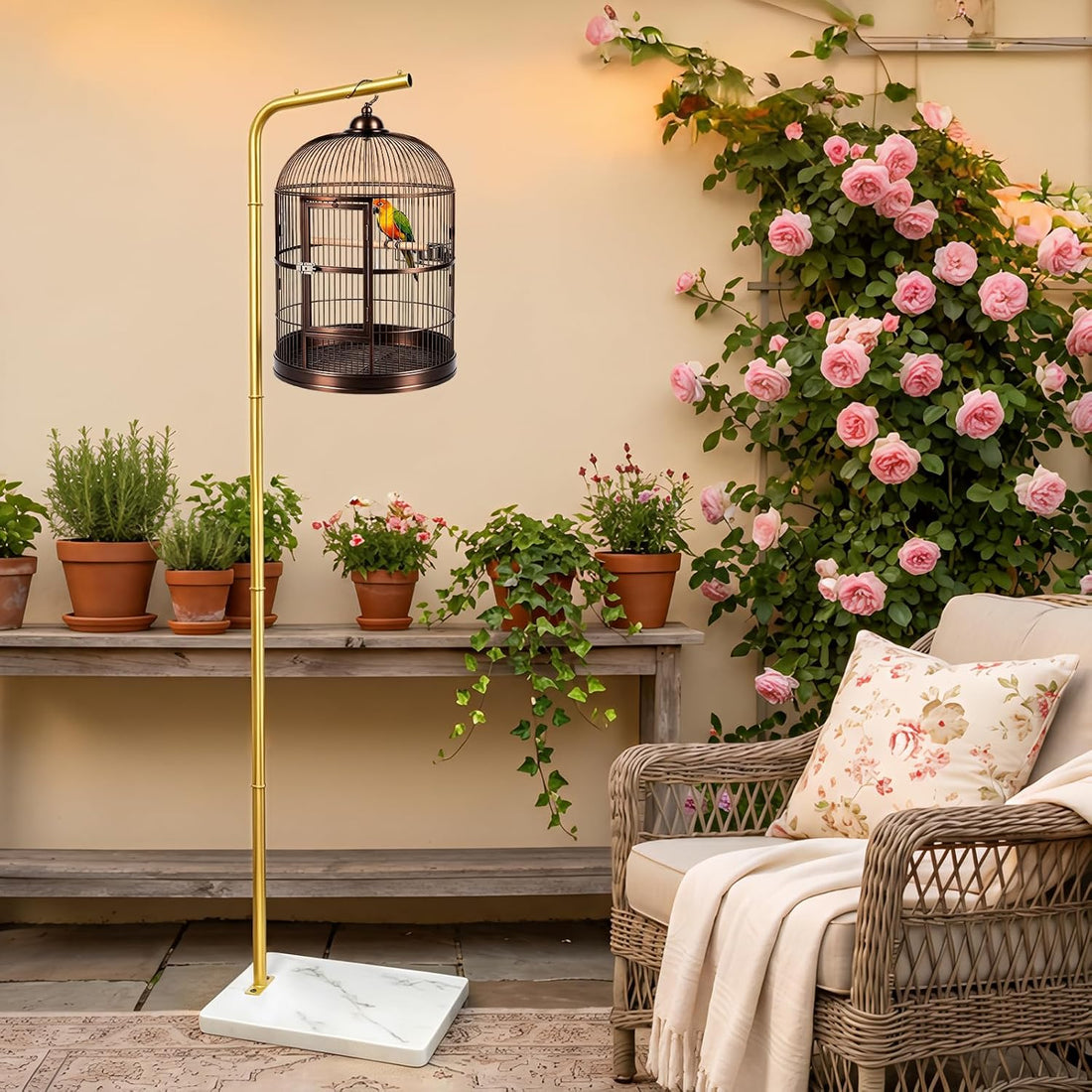 67 Inch Tall White Metal High Hanging Bird Cage Stand with Sturdy Base