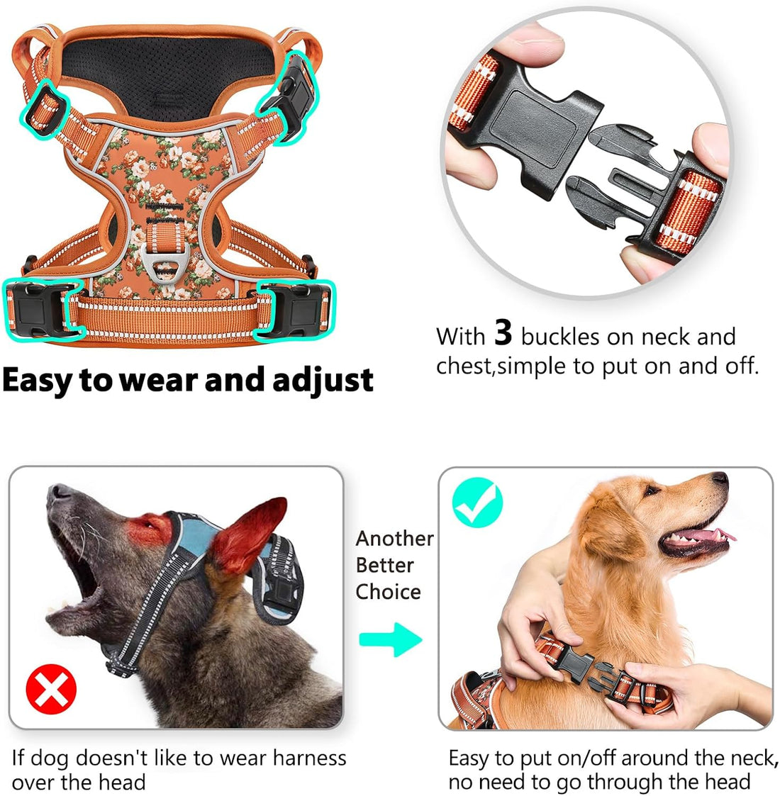 Timos Dog Harness, No Pull Large Sized with 3 Buckles, Flower Orange