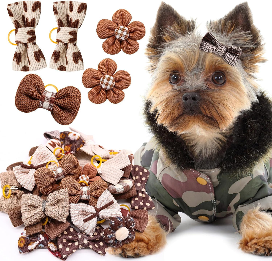 20Pcs Brown Dog Hair Bows with Rubber Bands for Small Medium Dogs