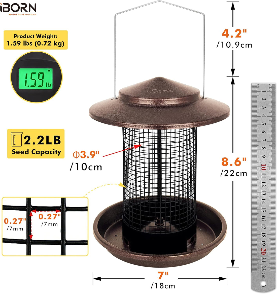 iBorn Metal Peanut Bird Feeder for Outdoors, Chew Resistant, 2.2lbs