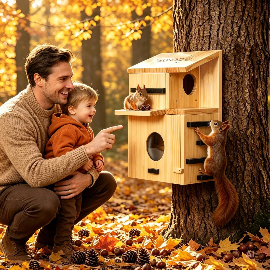 Large Wooden Squirrel House for Outside with Window Dual Balconies