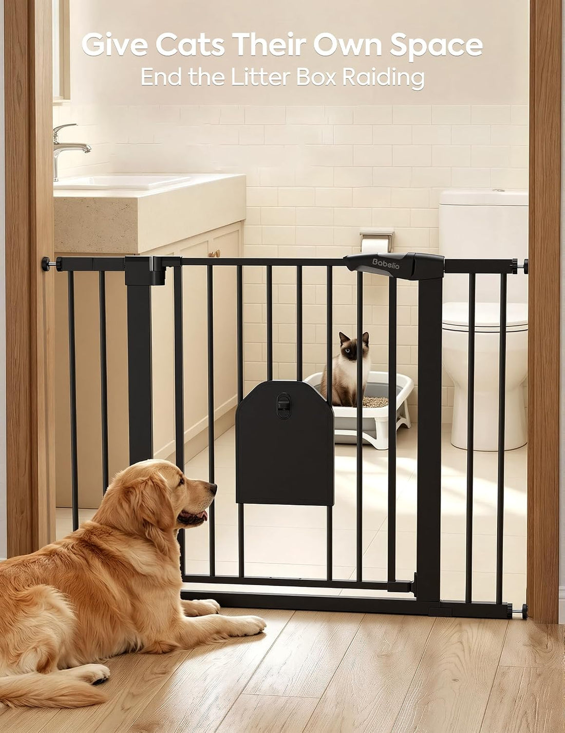 Babelio Auto Close Dog Gate with Cat Door, CatPrivilege I, 29-43"