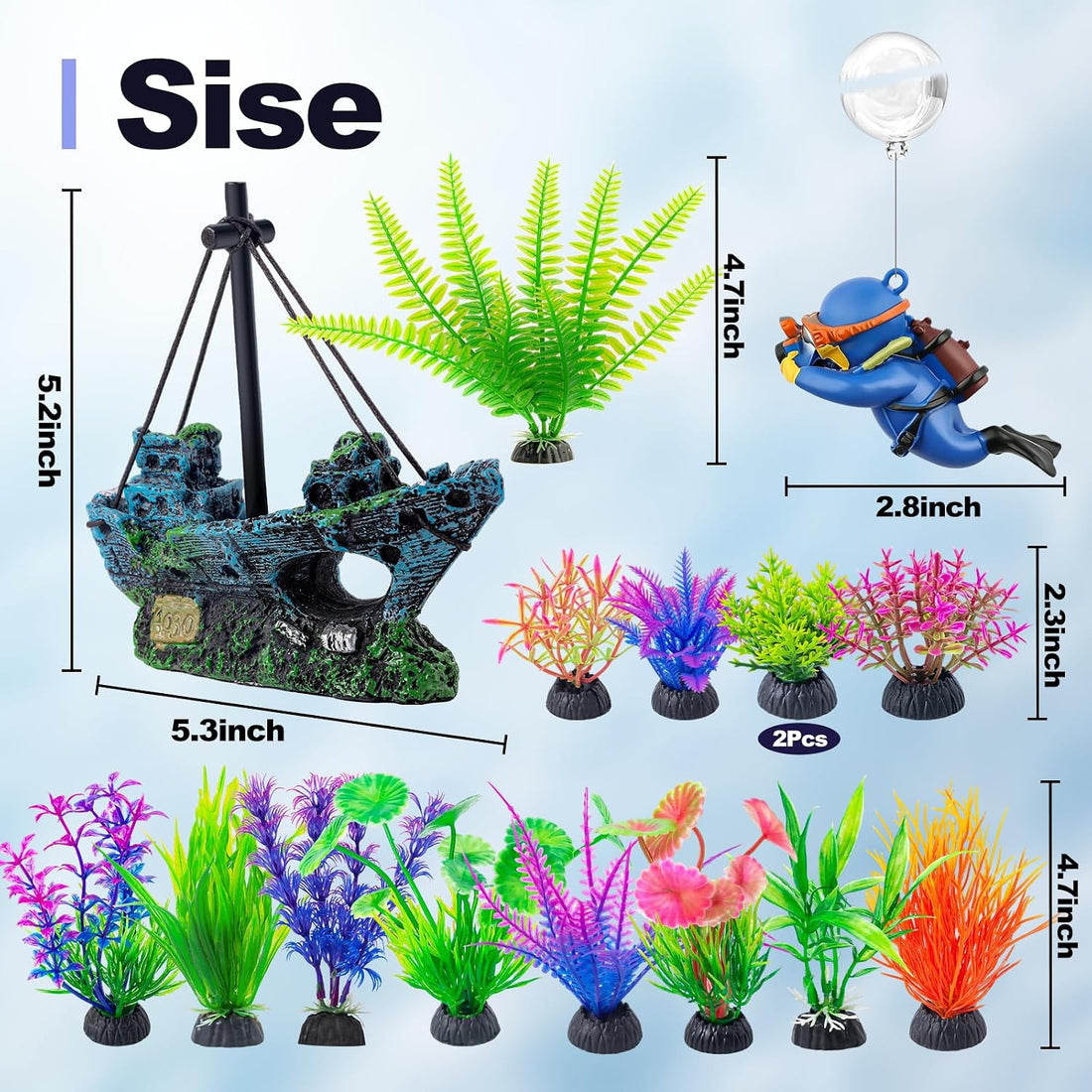 CousDUoBe 16 Pcs Fish Tank Decor Set Shipwreck Decoration Fish Tank