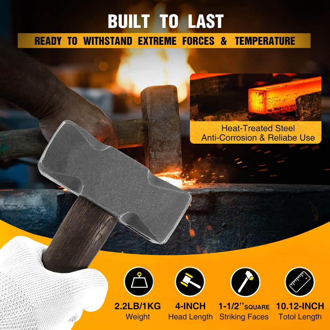 Blacksmith 2.2LB Handmade Square Forge Hammer for Farrier, Knife Maker