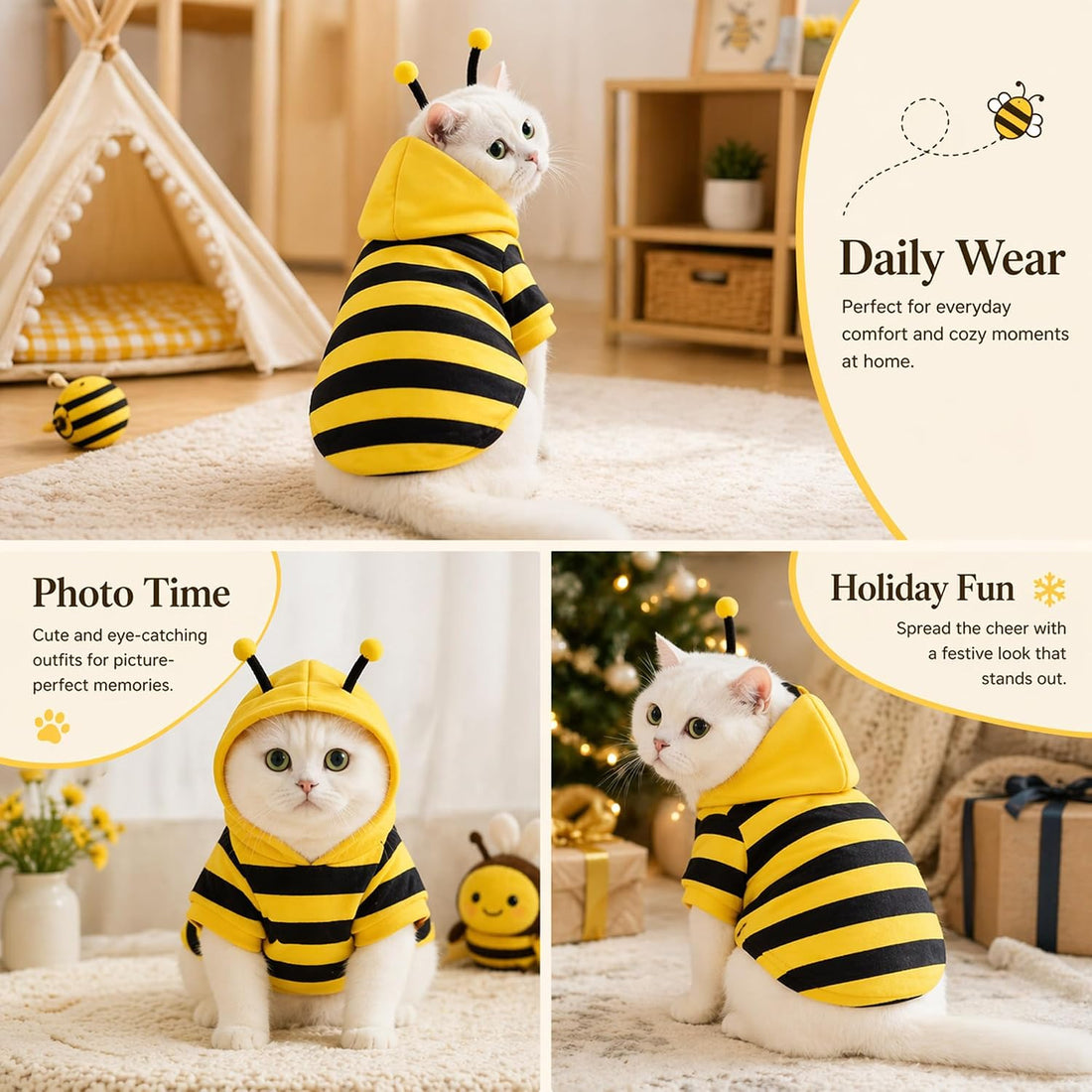 Cute Cat Bee Costume - Pet Halloween Apparel Bumble Bee Cosplay