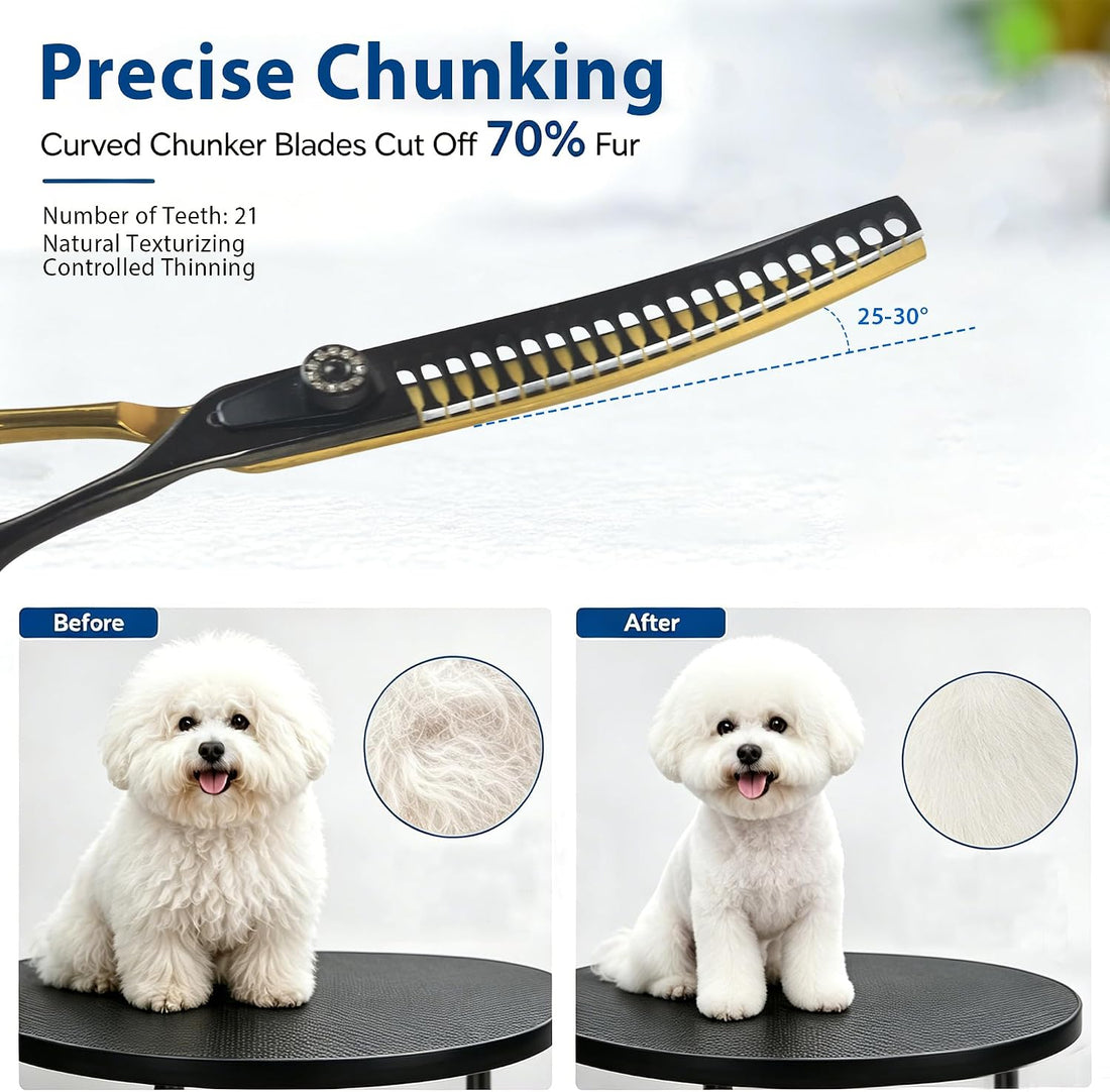 7" Curved Chunker Dog Grooming Scissors, 21 Teeth T-Shape