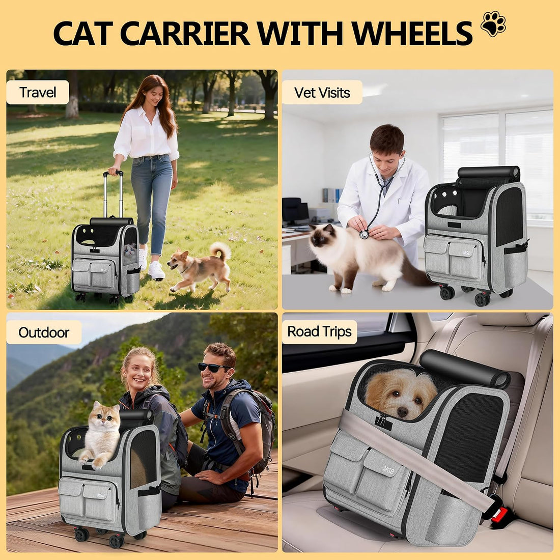 MGB Pet Carrier with Wheels, Rolling Cat Carrier Gray