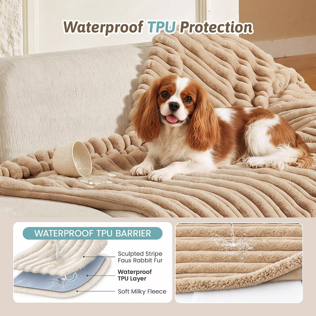 COZY KISS Waterproof Dog Blanket, Faux Fur Throw for Couch, 60"x80"