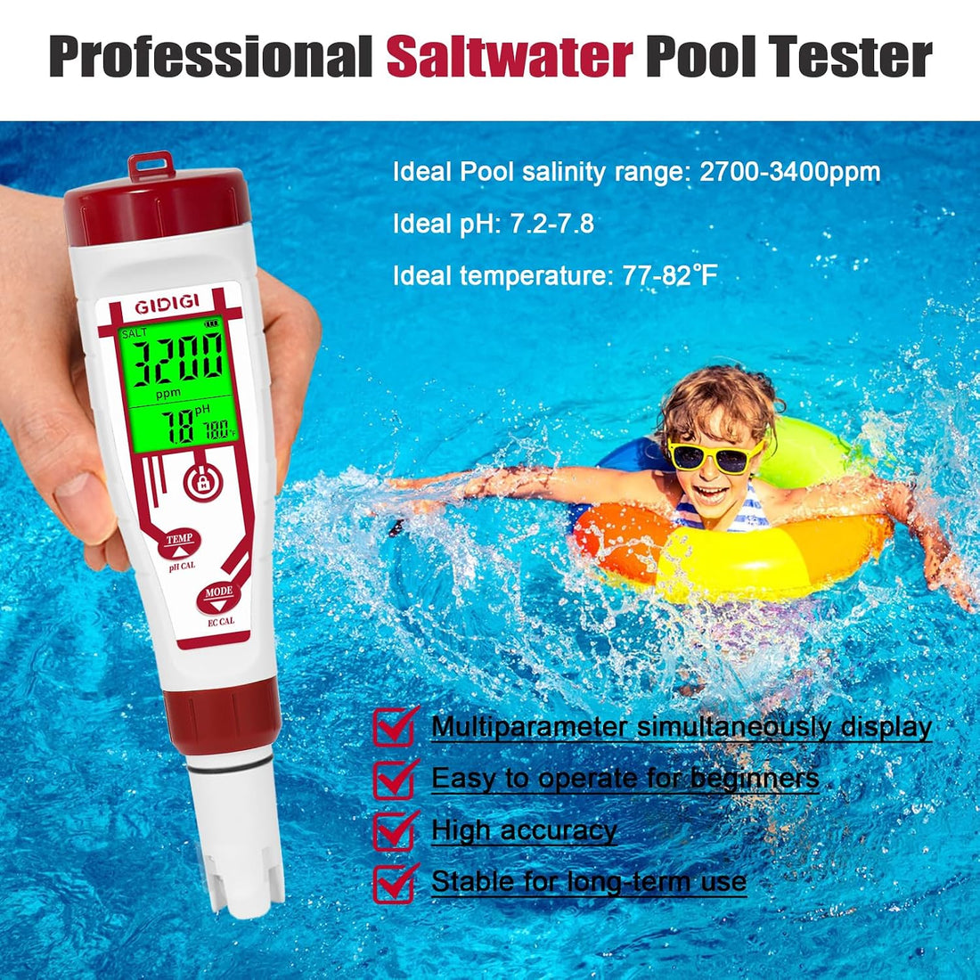 Aquarium Salinity pH Meter,Digital Pool Salt Tester